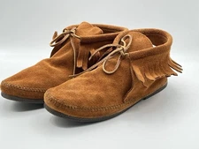 Minnetonka Classic Fringe Boot Suede Moccasin Ankle Booties Brown Womens 11