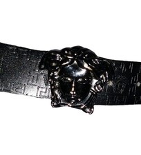 Versace Men Black Belt Geometric Pattern Medusa Decorative Buckle Designer Logo