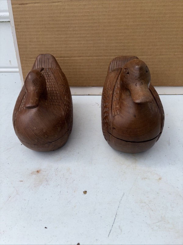 Vintage Pair of Teak Wood Duck Box Hand Carved Folk Art Humidor Decoy Trinket