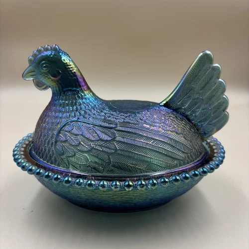 VTG Indiana Glass Iridescent Carnival Blue Hen on Nest Covered Candy Dish 7”