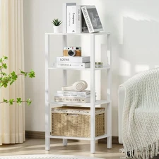 4 Tier Tall Slim Wooden Bookshelf Minimalist Industrial Storage for Small Spa...