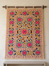 Vintage Suzani Embroidery Wall Hanging Pink Floral Bedspread Boho Home Decor