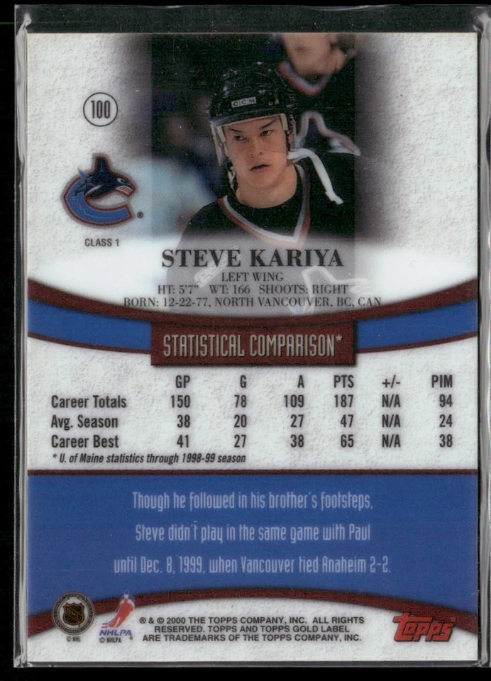 1999-00 Topps Gold Label Steve Kariya RC #100 Vancouver Canucks - Image 2 of 2