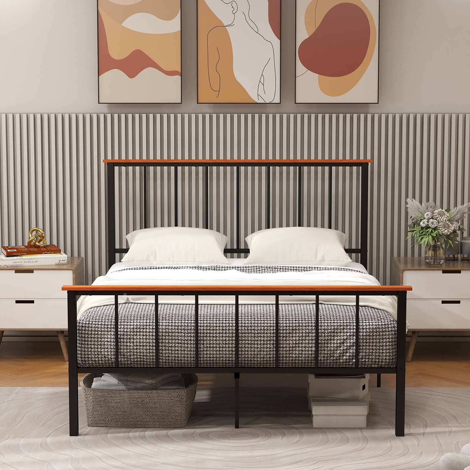 Queen Size Metal Platform Bed Frame Mattress Foundation w/ Headboard Industrial