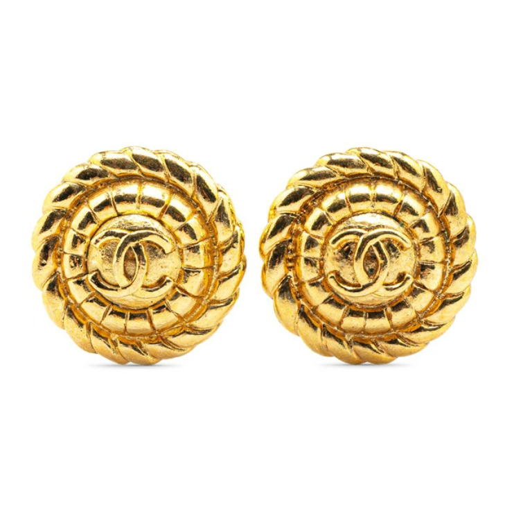 CHANEL Gold Tone CC Logo Twist Rope Clip-On Earrings Auth 7370