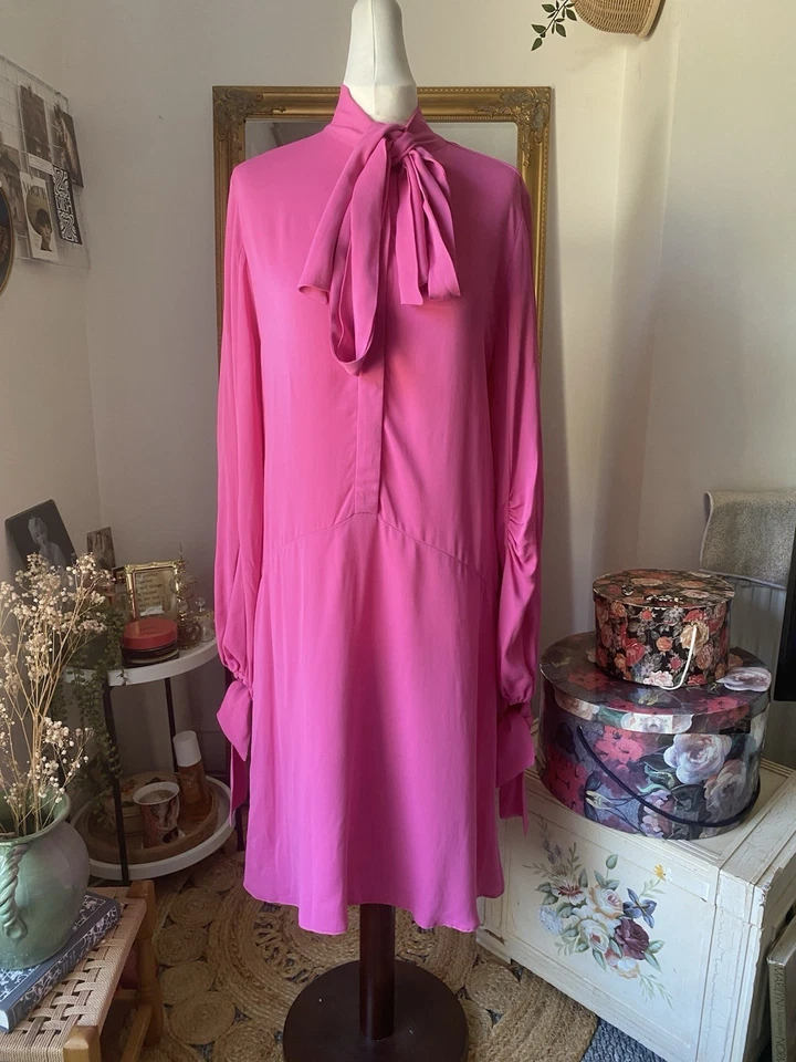 MALENE BIRGER PINK PUSSY BOW MIDI DRESS SIZE M - Image 2 of 4