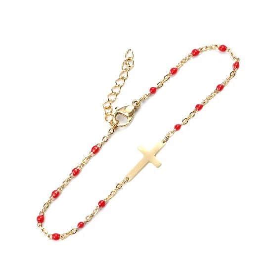 Bracelet Chaînette et Crucifix en Acier Inoxydable doré et Perles d'email Rouge  - Photo 3/3