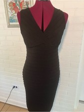 Tiana B | Black Banded Bodycon Midi Dress | Sleeveless V-Neck | Cocktail Medium