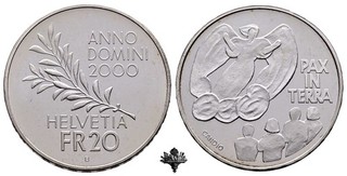 SCHWEIZ 20 Francs 2000 Pax in terra SILVER Silbermünze Franken Switzerland