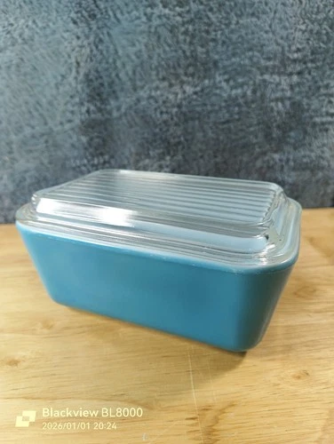 Vintage PYREX Blue Refrigerator Dish 502B + 502C Clear Glass Lid