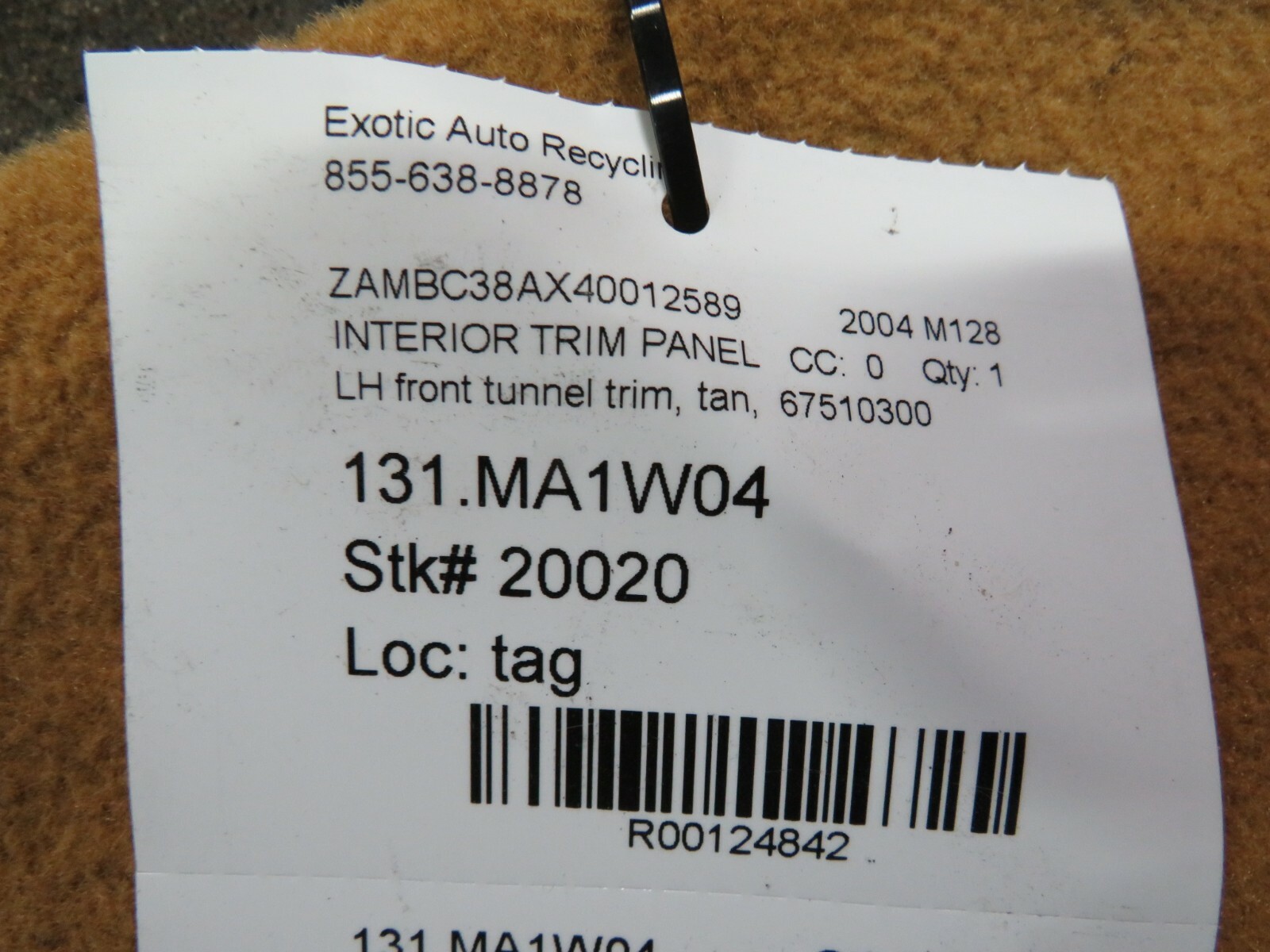 Maserati M128, LH, Left, Front Tunnel Trim Panel, Tan, Used, P/N 67510300