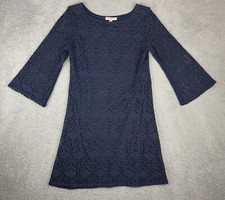 Sharagano Noir Crochet Dress 10 Bell Sleeve Lace Navy Boho Hippie Lined Peasant