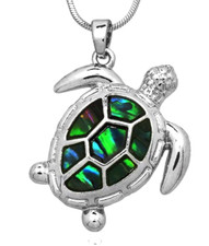 Sea Turtle Pendant Necklace 21" Chain Abalone Shell Accent Gift Box included