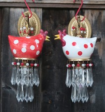 2 Sconce Brass vintage lamp Porcelain ROOSTER CHICKEN crystal Polka Dot Red Whit