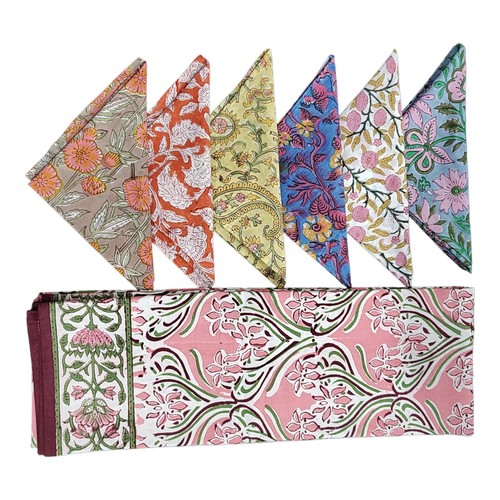 Hand Block Print Indian Tablecloth 100%cotton Floral Rectangular Pink 6 Napkins - Picture 5 of 5