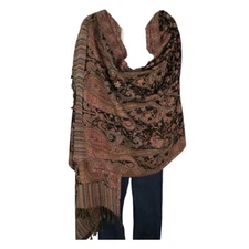 Shawl | Wool + Modal | Paisley Design | Handloomed | Tassels | Black & Sand