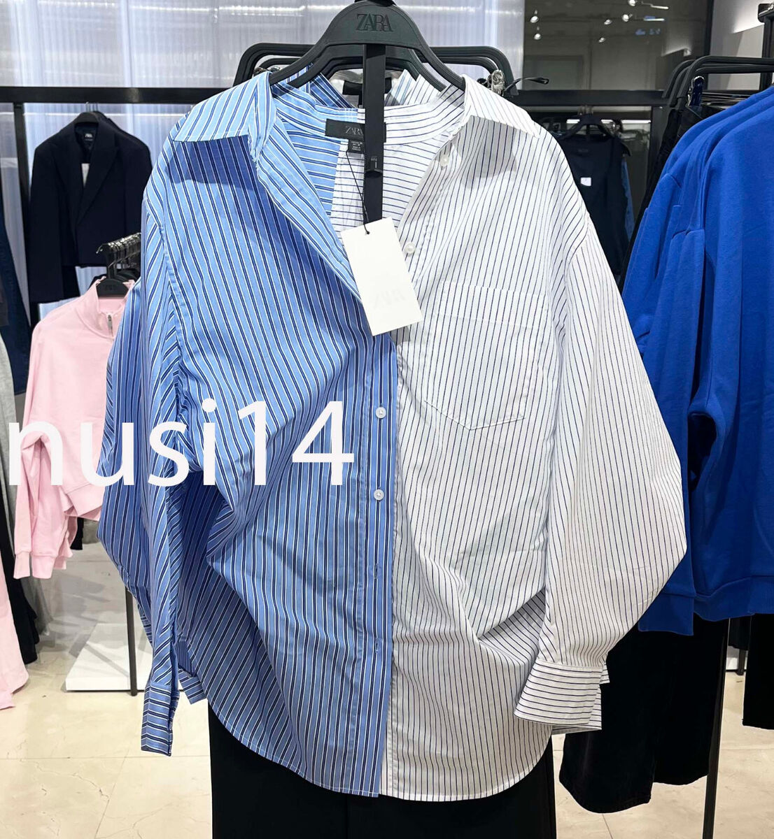 ZARA NEW WOMAN COMBINED STRIPE OVERSIZED POPLIN SHIRT BLUE ZARA NEW WOMAN COMBINED STRIPE OVERSIZED POPLIN SHIRT BLUE