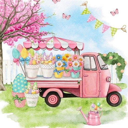 4 x Single Napkin/3-Ply/33cm/Decoupage/Pink Van/Blossom/Easter Floral Market