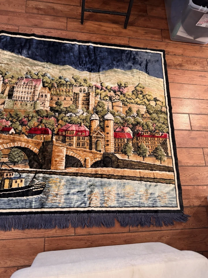 Vintage European Village Tapestry Wall Hanging Landscape River Castle Core 47x70 - Image 4 of 4