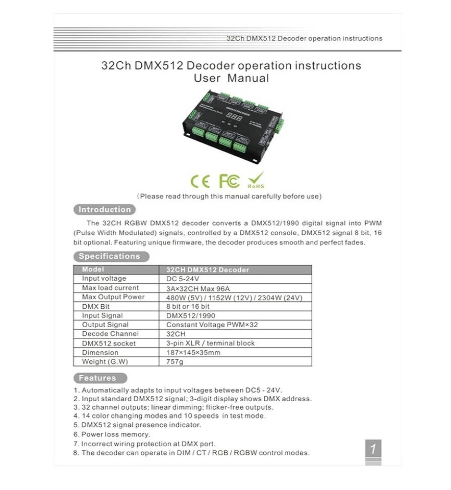 32 Channel 96A RGBW DMX 512 LED Decoder Controller DMX Dimmer DC5-24V RGBW RG... - Image 2 of 4