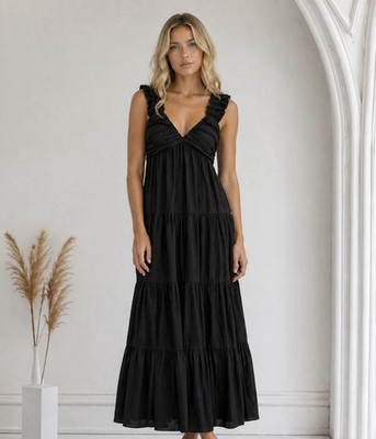 Jason Wu Womens Linen Blend Tiered Maxi Dress Size Large Classic Black NWT $385