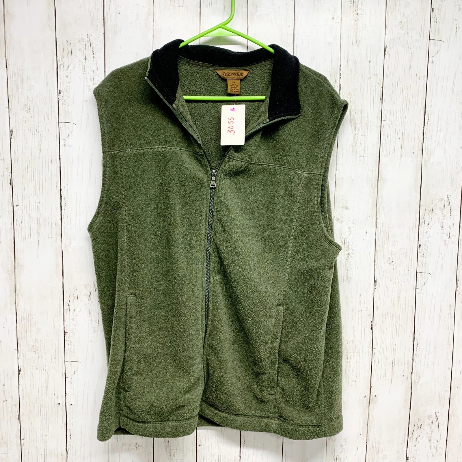 Vintage St. John's Bay Vest Men Size Large Green Collared Full Zip Fleece Pocket