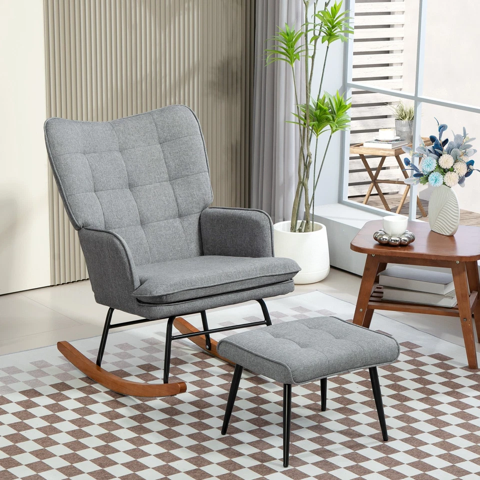 Rocking Chair & Ottoman Set Fabric Wingback Armchair for Living Room Refurbished