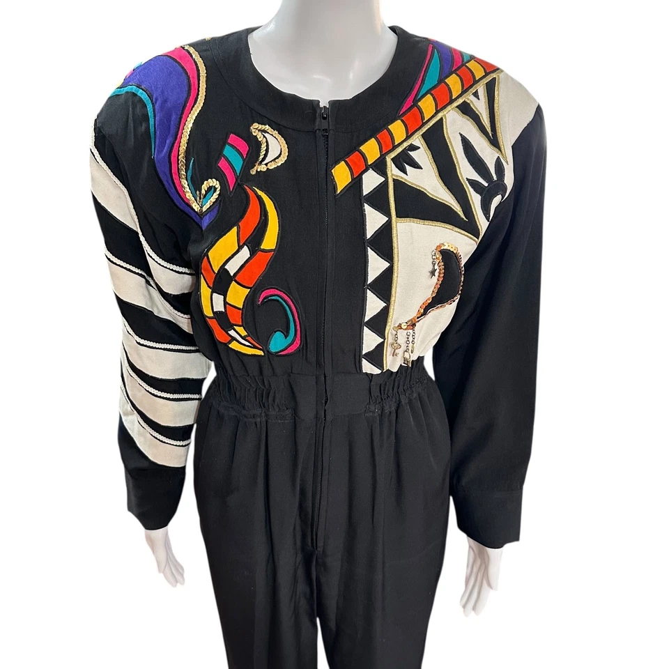 Mono vintage años 80 abstracto hombreras talla 8 negro retro funky Foto 3 de 4