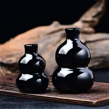 1pc Natural Obsidian Gourd Office Tabletop Lucky Ornament Blessing Black Crystal