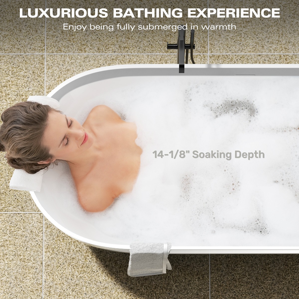 63" Freestanding Stone Resin Bathtub,Stand Soaking Tub w/ Overflow, Pop-up Drain