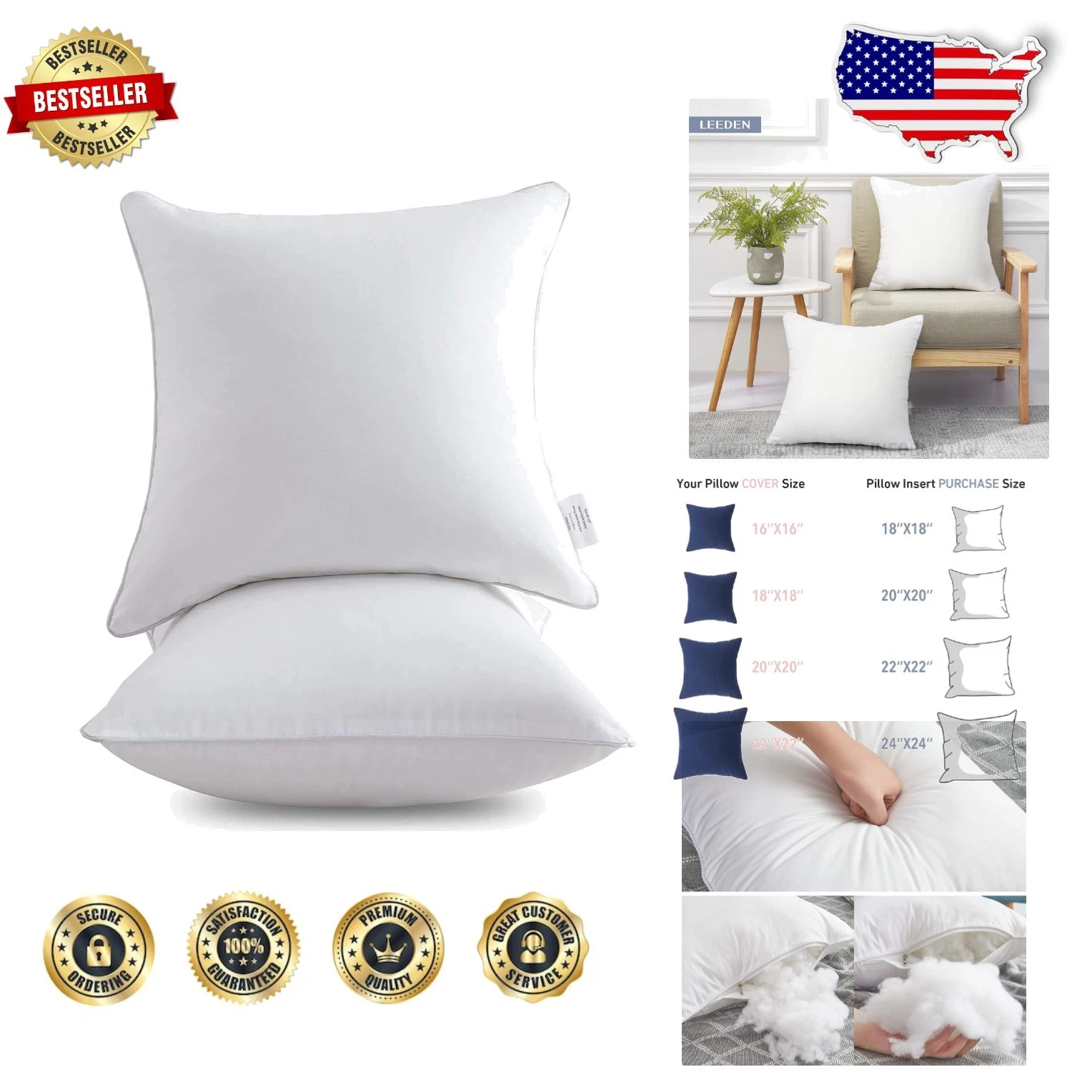 26 Inch Square Pillow Inserts 2pk Plush Cotton Cover