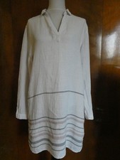 Tahari 100% Linen Striped Tunic Dress White Long Sleeve Pockets Size Medium