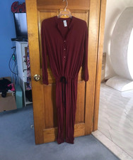 Burgundy Solid Long Sleeve Button Front Jumpsuit with Pockets Size L