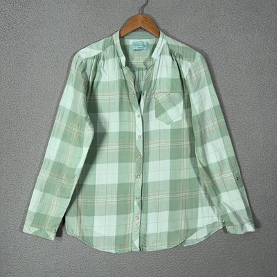 Tasha Polizzi Pearl Snap Top Womens L Green Plaid Roll Tab Sleeve Western Shirt