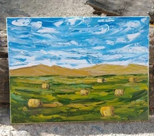 Original 6"x8" Oil Painting Textured Hay Bales Farm Fields Hills Cloudy Sky