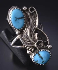 Size 5-1/4 Silver & Kingman Turquoise Feather Navajo Ring by William Begay 5L07J