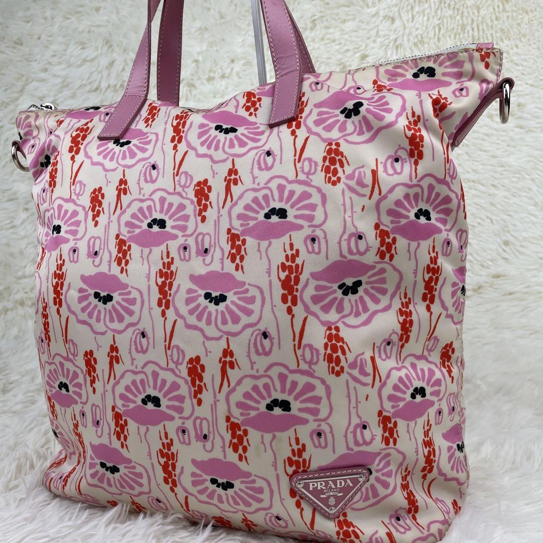 PRADA Pink Logo Nylon Leather Tote Handbag Authentic