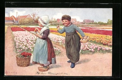 Artist postcard Charles holiday: small Dutch couple on the tulip field 