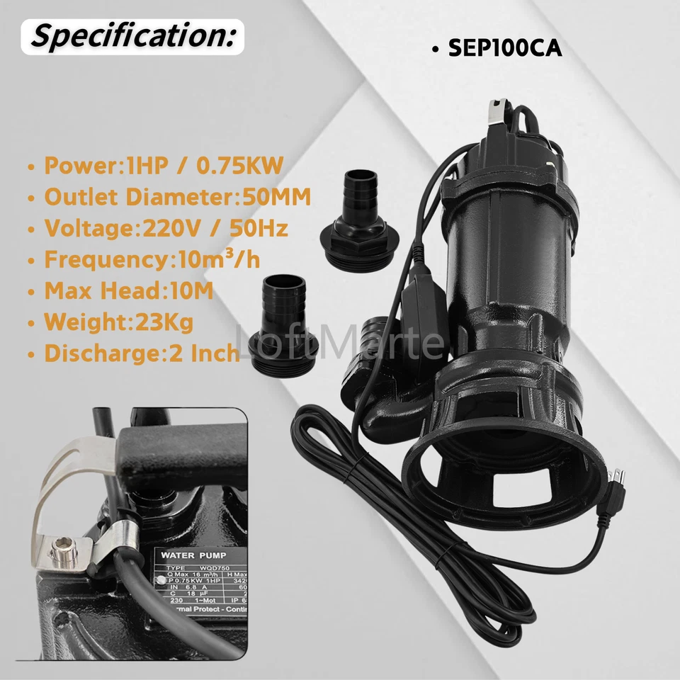 Bomba amoladora de aguas residuales 220V 1HP 4200 GPH 2''NPT para sótano sumidero lavabo pozo de aguas residuales Foto 3 de 4