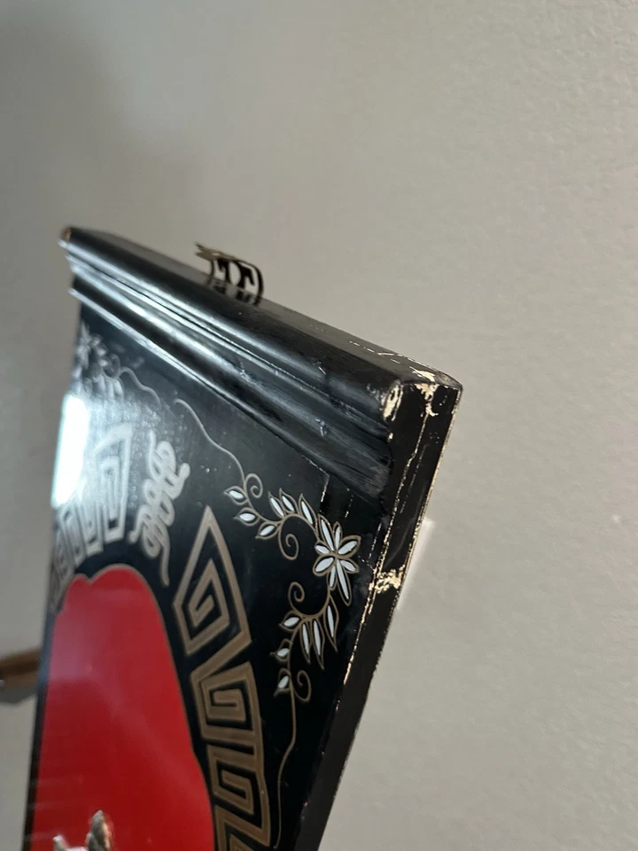 Винтажная азиатская китайская восточная черная лакированная и перламутровая настенная художественная панель - Изображение 4 из 4