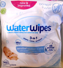 WaterWipes Sensitive Newborn  Baby Wipes, 3-In-1 Cleans 5-PACK 300 Wipes Total