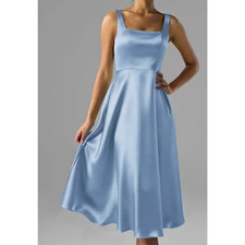 AW BRIDAL 8 M coronet blue Asa stretchy satin tea length midi dress NEW B28