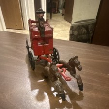 Vintage Cast Iron Horse Drawn Circus Wagon Toy Red Lion Decoration