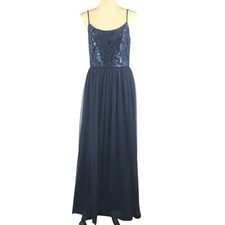 Amsale Navy Sequin Lace Stephanie Maxi Dress Size 10 Layered Mesh Skirt Formal