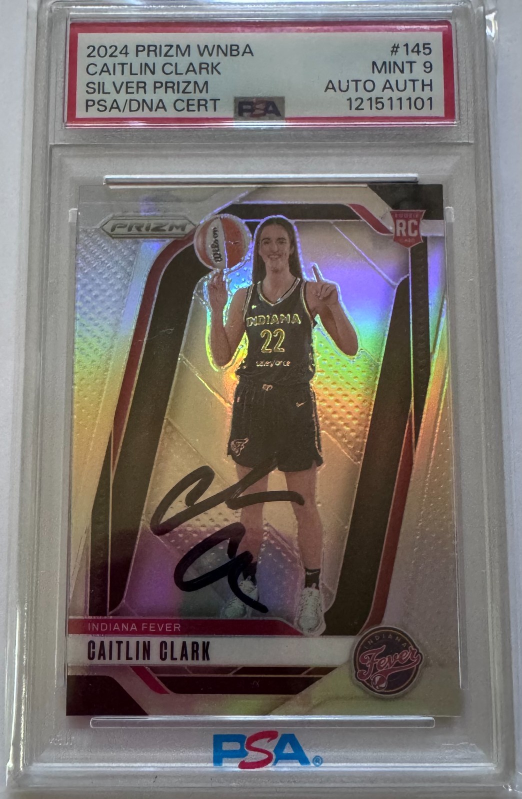Caitlin Clark 2024 Silver Prizm PSA Mint 9 #145 On Card In-Person Auto view 2