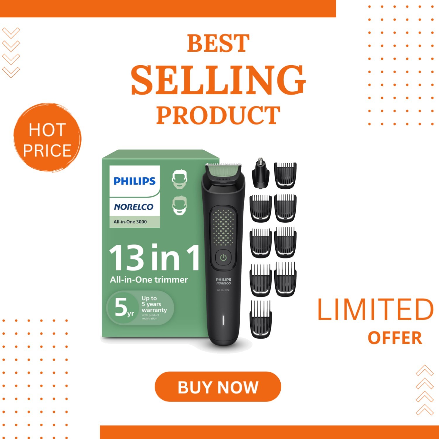 Versatile Beard & Hair Trimmer with 13 Attachments & Self-Sharpening Blades