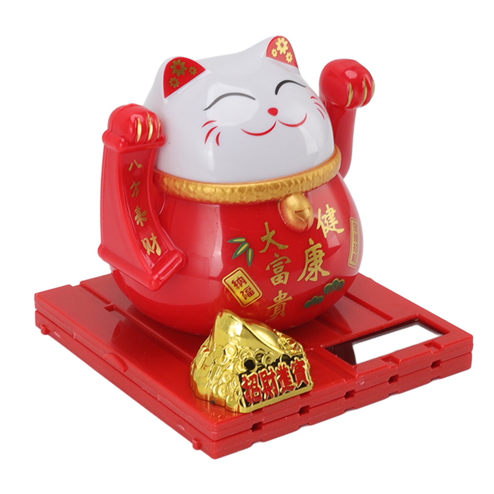 Solar Powered Waving Red Fat Cat Good Luck Wealth Welcoming Lucky Fortune Cat