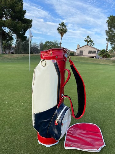 Bolso de golf vintage profesional clásico rojo, blanco y azul imitación cuero - raro + capucha para lluvia - Imagen 5 de 8
