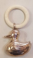 Vintage Baby Ente Rassel & Beißring versilbert 3D