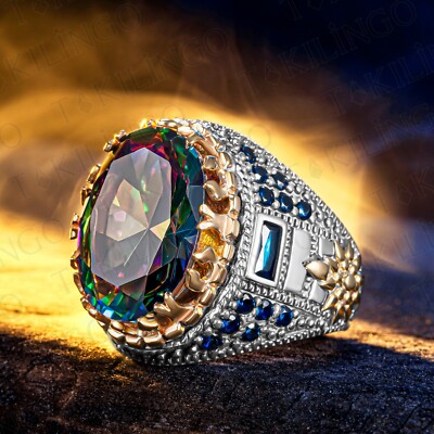 925 Sterling Silver Oval Shape Mystic Topaz Stone Turkish Men Ring